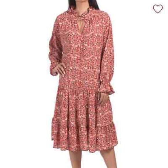 OPT Midi Dress Floral Ruffle Tiered Prairie Boho Flowy Red Orange Fall Size S - Picture 1 of 9